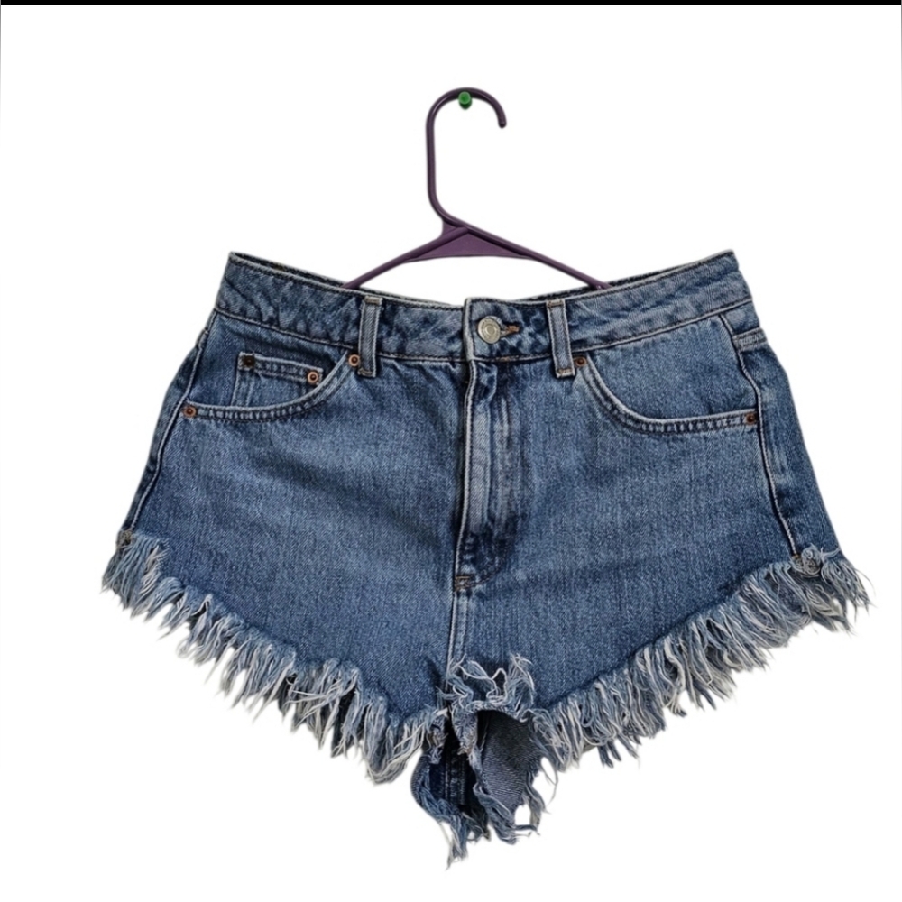Topshop Blue Frayed Jean Shorts